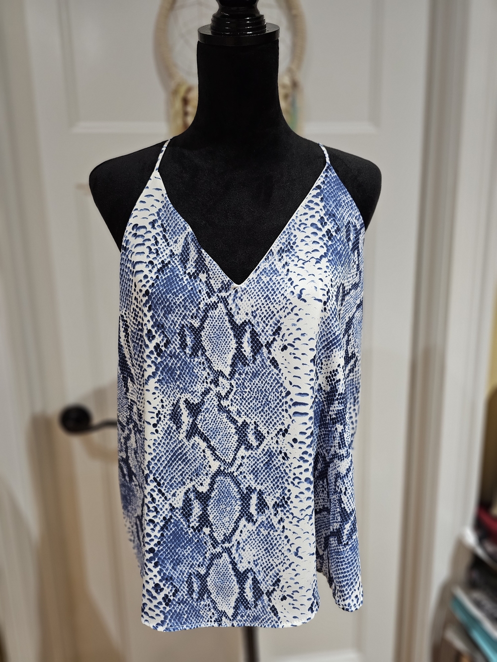 Tyche Blue & White Snake-Print V-Neck Camisole